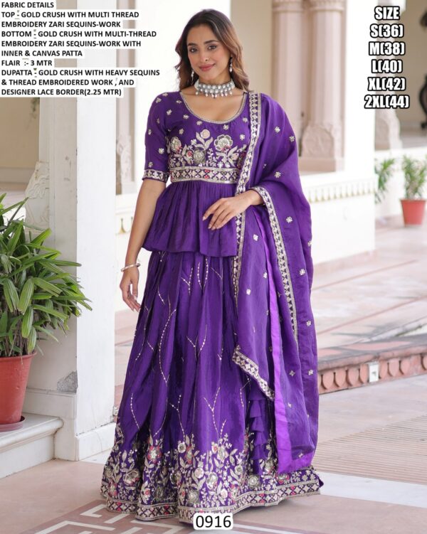 Indigo Colour Gold Crush Wedding Wear Embroidered Lehenga Choli Dupatta Set (Ready To Wear)