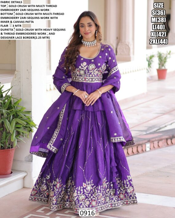 Indigo Colour Gold Crush Wedding Wear Embroidered Lehenga Choli Dupatta Set (Ready To Wear)