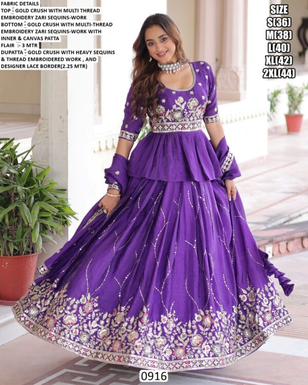 Indigo Colour Gold Crush Wedding Wear Embroidered Lehenga Choli Dupatta Set (Ready To Wear)