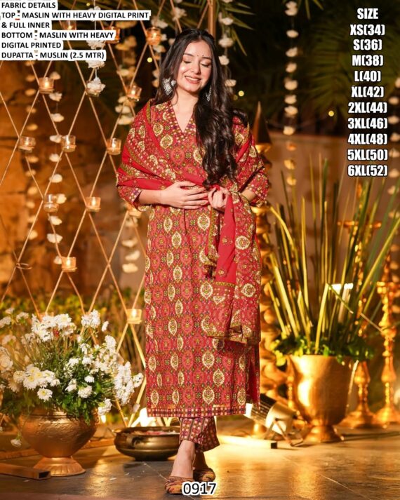 Elevate Your Everyday Attire With These Heavy Digital Printed Muslin Kurti Set And Dupatta