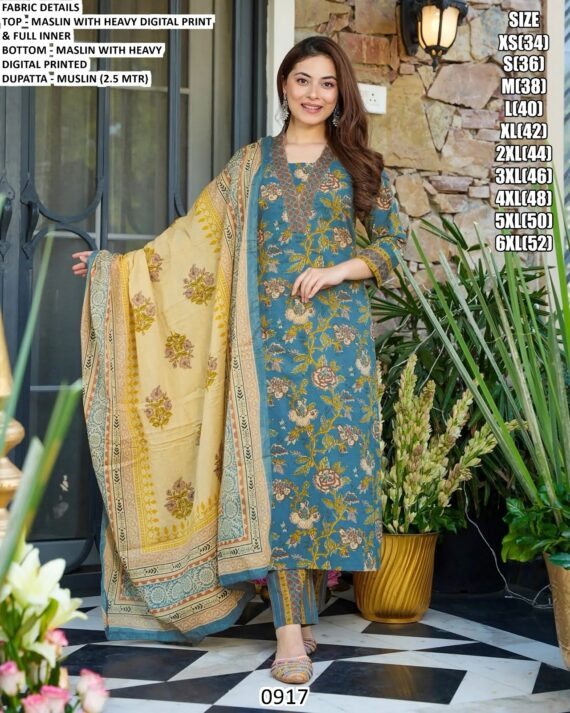 Elevate Your Everyday Attire With These Heavy Digital Printed Muslin Kurti Set And Dupatta