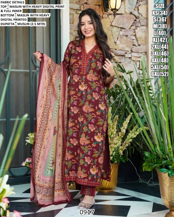 Elevate Your Everyday Attire With These Heavy Digital Printed Muslin Kurti Set And Dupatta