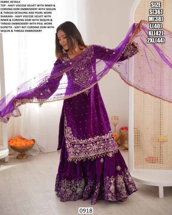 New Designer Party Wear Heavy Viscose Velvet Readymade Top Sharara And Dupatta Sets