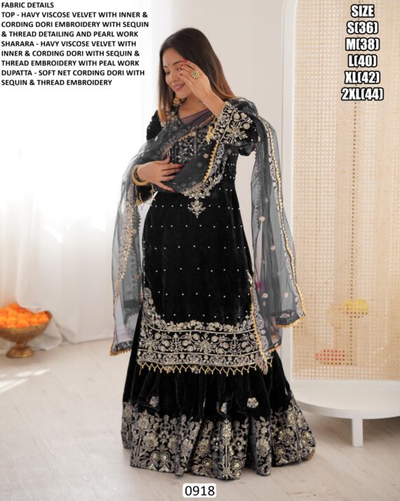 New Designer Party Wear Heavy Viscose Velvet Readymade Top Sharara And Dupatta Sets