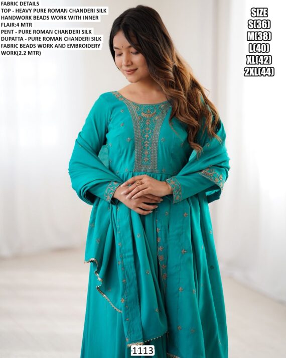 Shop This Roman Chanderi Silk Readymade Anarkali Suits, Designed With Intricate Bead Handwork