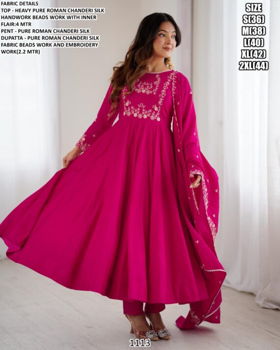 Shop This Roman Chanderi Silk Readymade Anarkali Suits, Designed With Intricate Bead Handwork