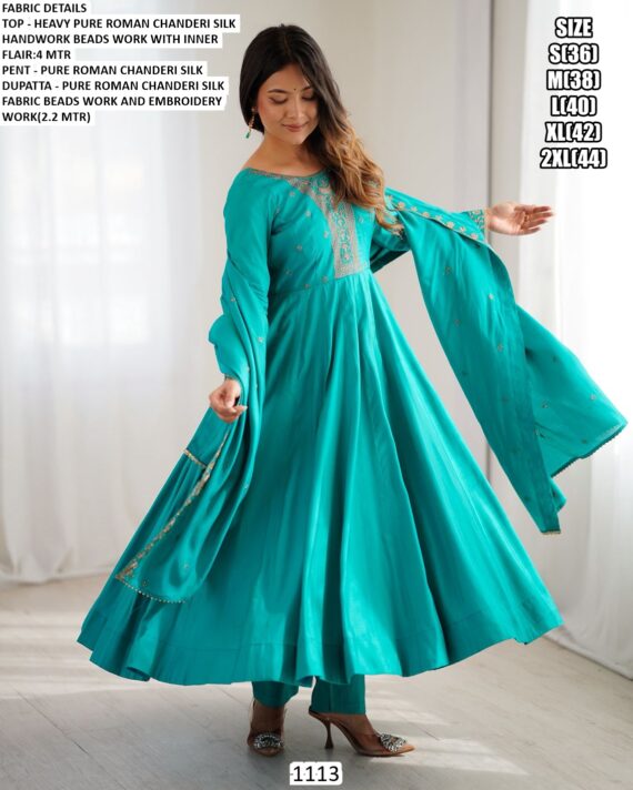 Shop This Roman Chanderi Silk Readymade Anarkali Suits, Designed With Intricate Bead Handwork