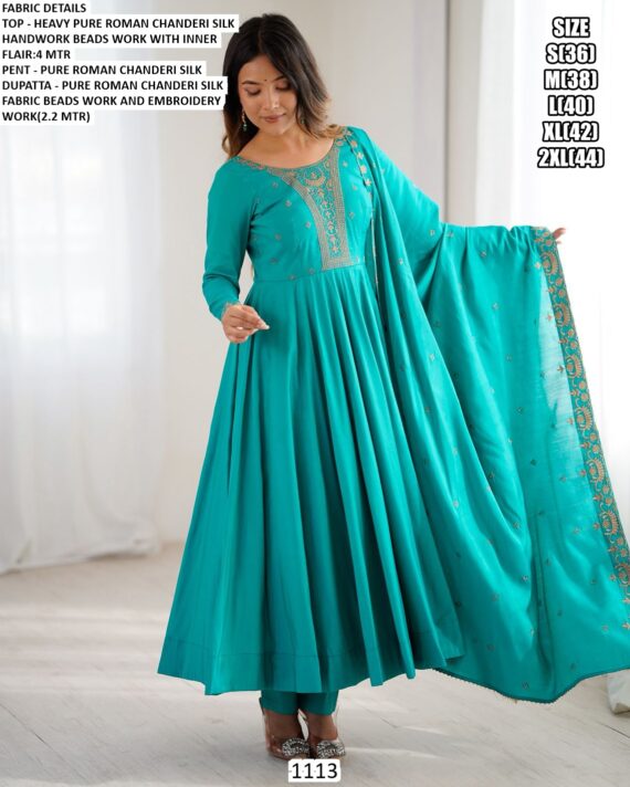 Shop This Roman Chanderi Silk Readymade Anarkali Suits, Designed With Intricate Bead Handwork