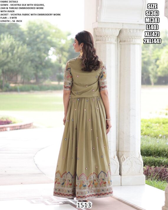 Buy Vichitra Silk Wedding Wear Designer Readymade Gown With Jacket Two Piece Catalogue