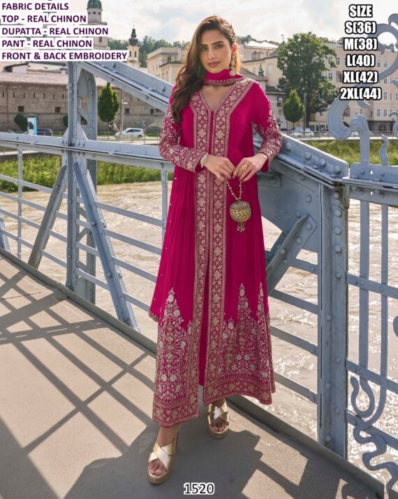 Attractive Embroidery Real Chinon Indo-Western Style Pakistani Salwar Suits For Ladies