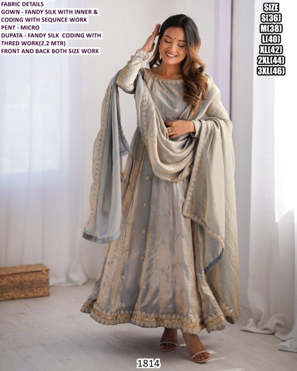 Stylish Fandy Silk Long Anarkali Suit Set With Pent And Dupatta - Wedding Wear Outfit