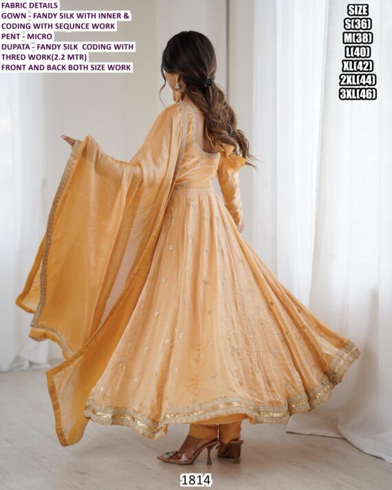 Stylish Fandy Silk Long Anarkali Suit Set With Pent And Dupatta - Wedding Wear Outfit