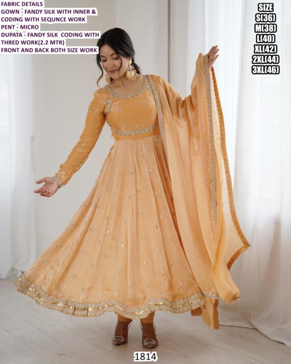 Stylish Fandy Silk Long Anarkali Suit Set With Pent And Dupatta - Wedding Wear Outfit