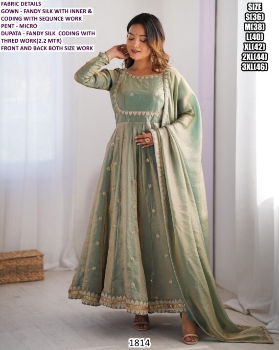 Stylish Fandy Silk Long Anarkali Suit Set With Pent And Dupatta - Wedding Wear Outfit