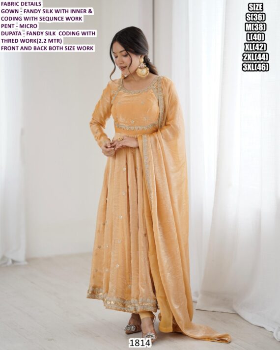 Stylish Fandy Silk Long Anarkali Suit Set With Pent And Dupatta - Wedding Wear Outfit