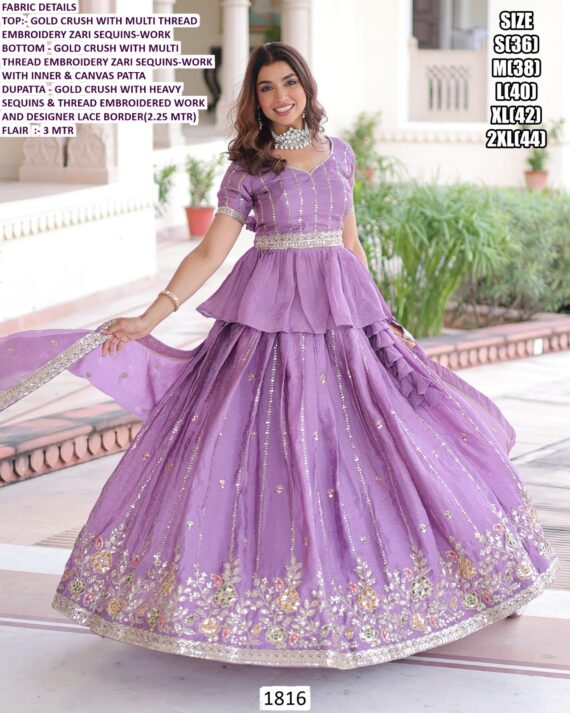 Lavender Colour Gold Crush Wedding Wear Embroidered Lehenga Choli Dupatta Set (Ready To Wear)