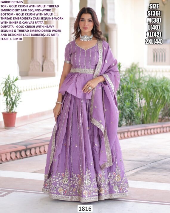 Lavender Colour Gold Crush Wedding Wear Embroidered Lehenga Choli Dupatta Set (Ready To Wear)
