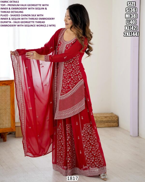 Presenting Graceful Red Colour Premium Faux Georgette Thread Sequence Work Plazo Dress