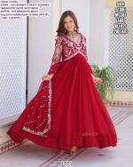 Faux Georgette Embroidered Sleeve Gown And Dupatta Set In Attractive Red Colour!