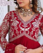 Faux Georgette Embroidered Sleeve Gown And Dupatta Set In Attractive Red Colour!