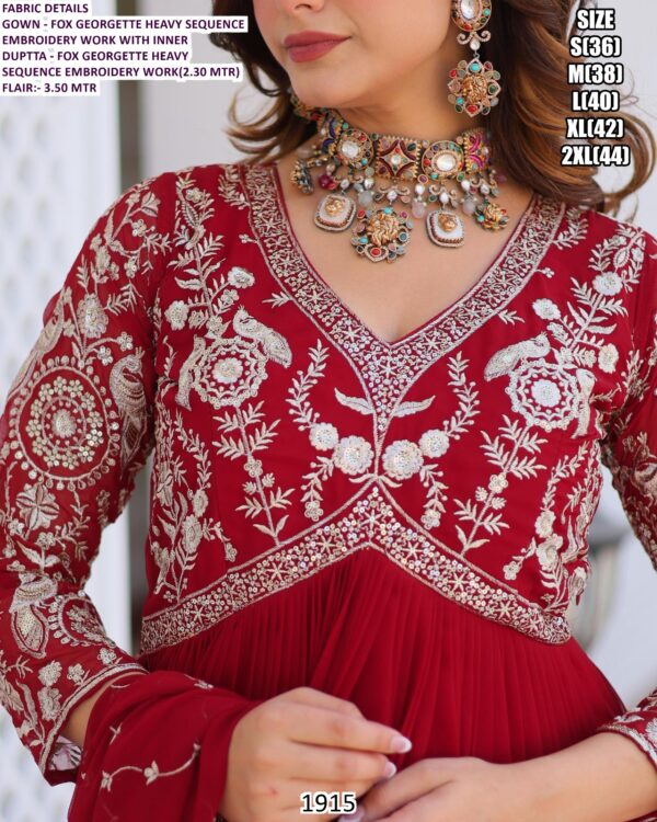 Faux Georgette Embroidered Sleeve Gown And Dupatta Set In Attractive Red Colour!