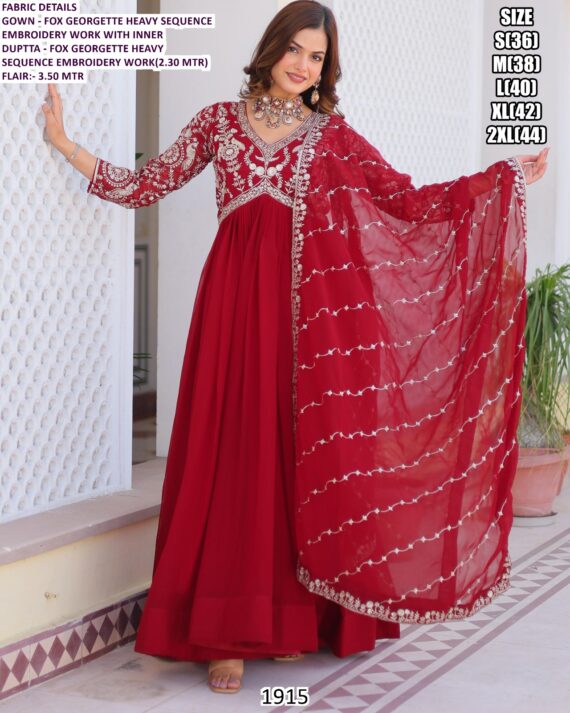 Faux Georgette Embroidered Sleeve Gown And Dupatta Set In Attractive Red Colour!