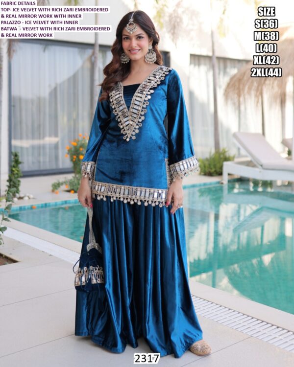 Ice Velvet Winter Occasion Wear Pakistani Plazo Style Readymade Three-Piece Salwar Suits