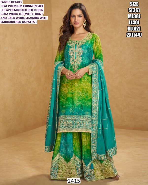 Real Premium Chinon Silk Embroidered Wedding Wear Plazo Salwar Suits (Readymade Full Set)