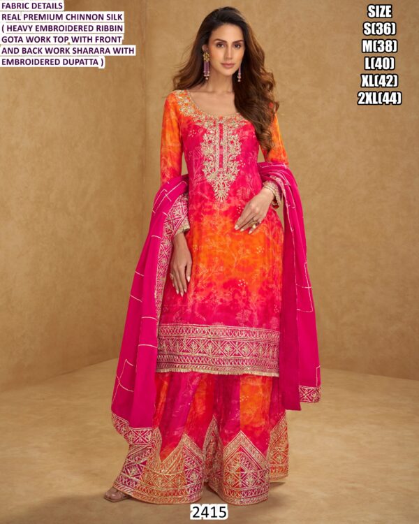 Real Premium Chinon Silk Embroidered Wedding Wear Plazo Salwar Suits (Readymade Full Set)