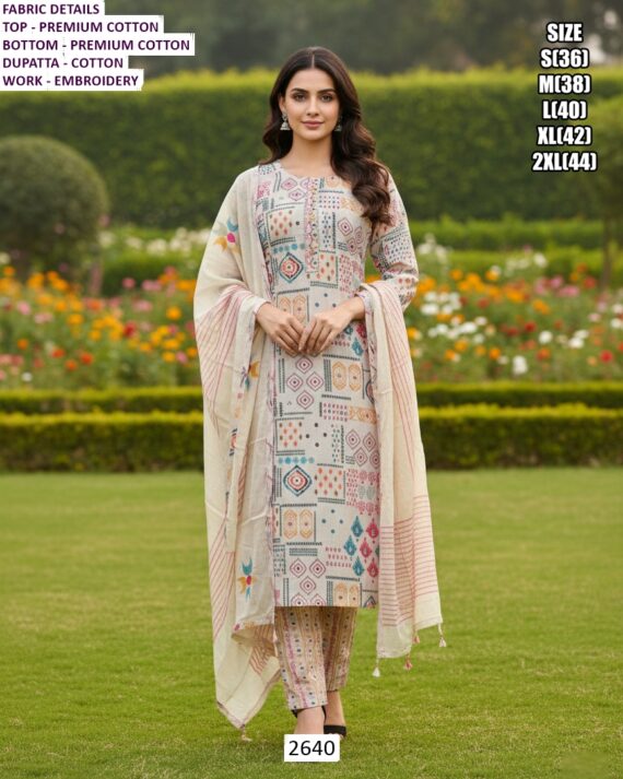 Premium Cotton Embroidery Work Festive Wear Long Kurti With Pant And Dupatta Sets