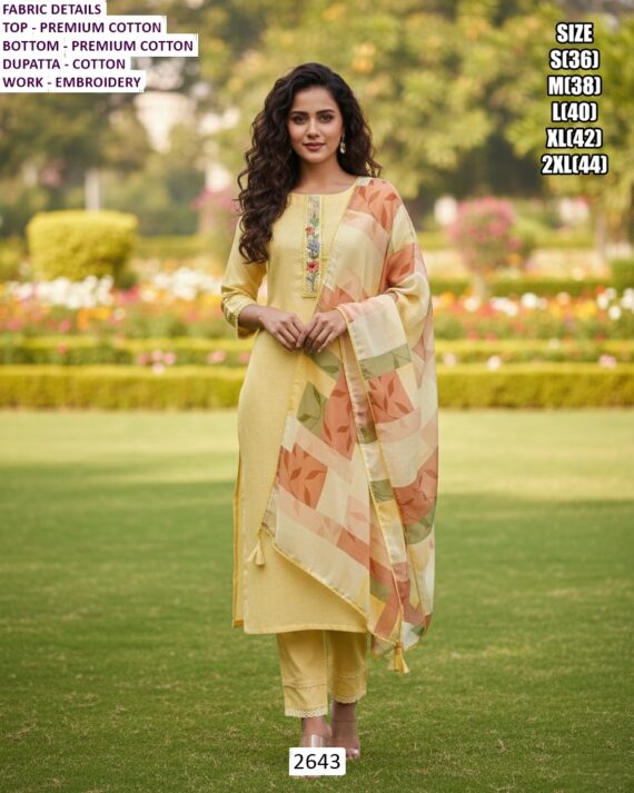 Premium Cotton Embroidery Work Festive Wear Long Kurti With Pant And Dupatta Sets