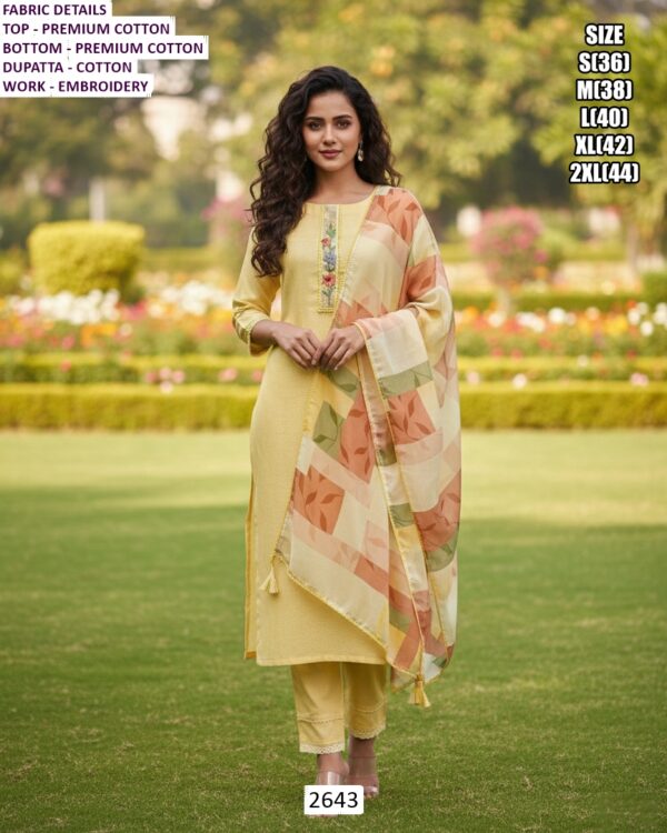 Premium Cotton Embroidery Work Festive Wear Long Kurti With Pant And Dupatta Sets