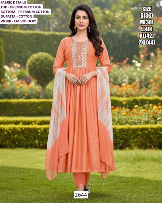 Premium Cotton Embroidery Work Festive Wear Long Kurti With Pant And Dupatta Sets