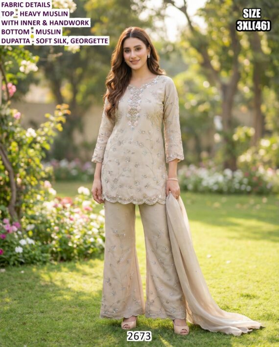 Buy Heavy Muslin Indian-Pakistani Readymade Three-Piece Party Wear Salwar Kameez Suits