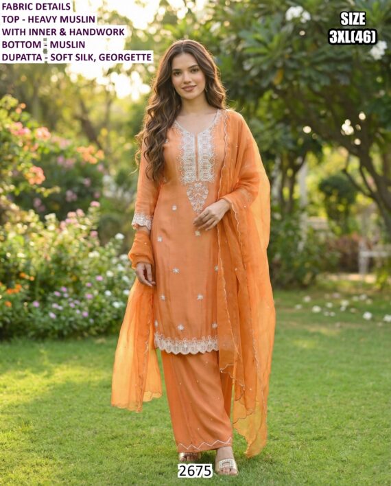 Buy Heavy Muslin Indian-Pakistani Readymade Three-Piece Party Wear Salwar Kameez Suits