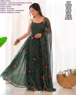 Soft Chiffon Anarkali Gown And Dupatta With Traditional Bandhani Prints (Ethnic Sets For Women)