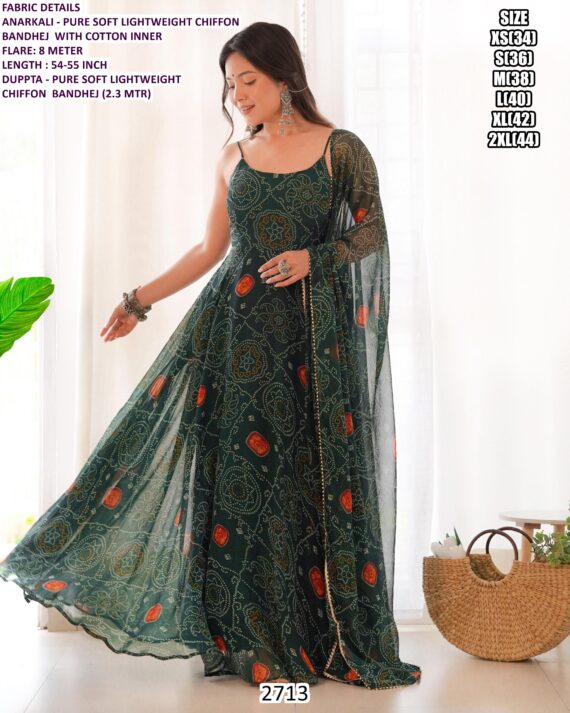 Soft Chiffon Anarkali Gown And Dupatta With Traditional Bandhani Prints (Ethnic Sets For Women)