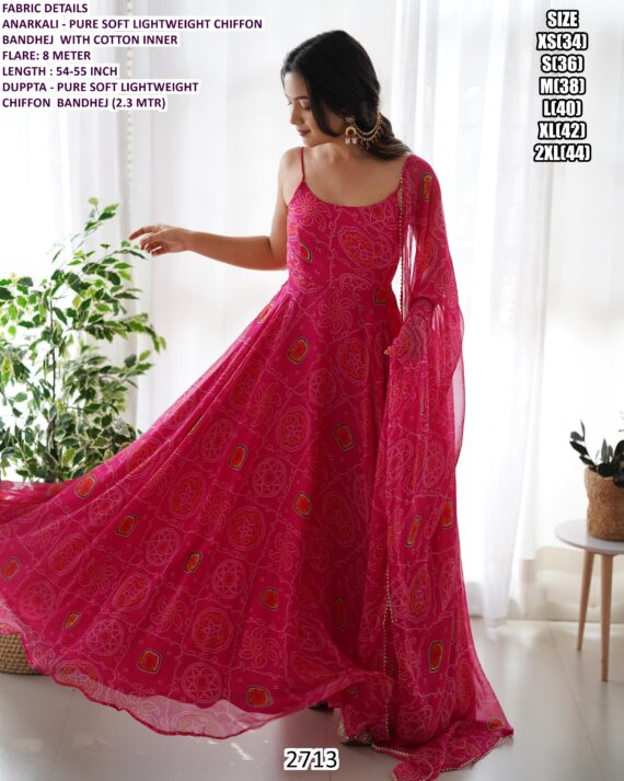 Soft Chiffon Anarkali Gown And Dupatta With Traditional Bandhani Prints (Ethnic Sets For Women)