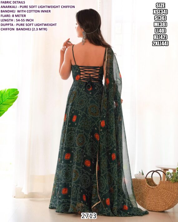 Soft Chiffon Anarkali Gown And Dupatta With Traditional Bandhani Prints (Ethnic Sets For Women)