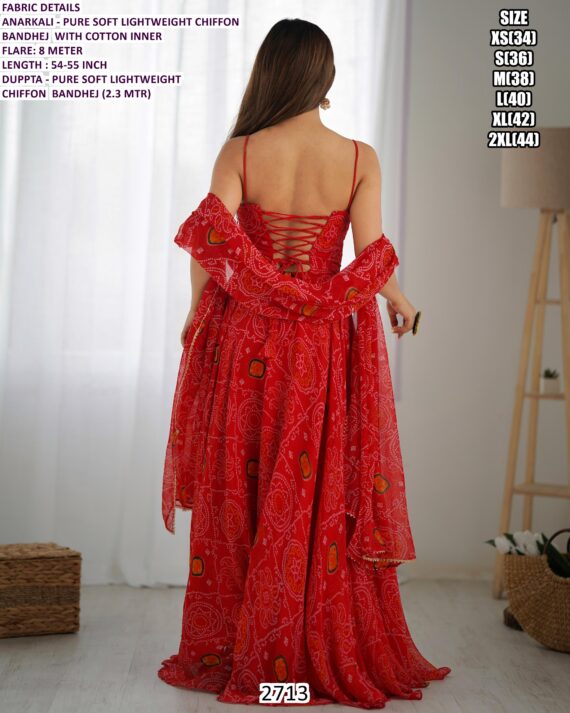 Soft Chiffon Anarkali Gown And Dupatta With Traditional Bandhani Prints (Ethnic Sets For Women)