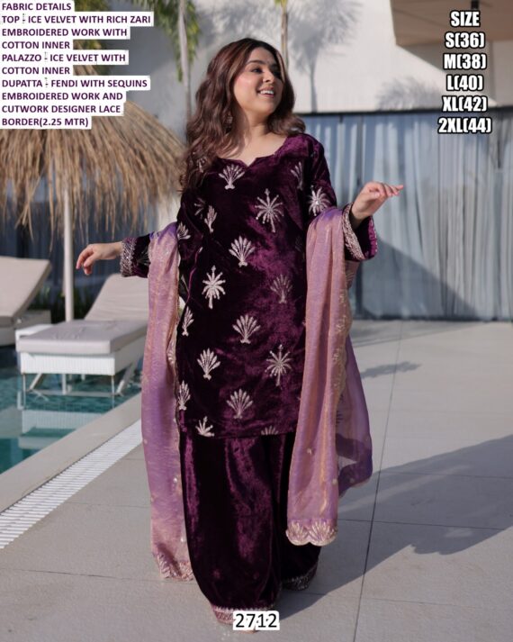 Indian Pakistani Wedding Wear Ice Velvet Rich Zari Embroidered Salwar Suit In Wine Colour