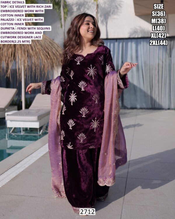 Indian Pakistani Wedding Wear Ice Velvet Rich Zari Embroidered Salwar Suit In Wine Colour