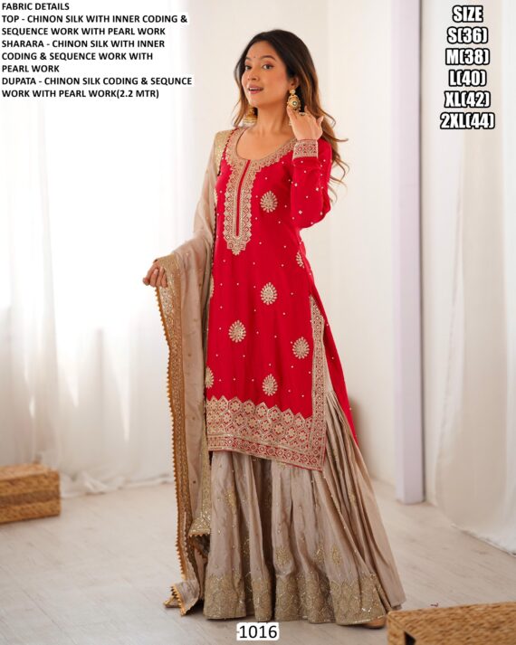 Chinon Silk Sequence And Pearl Work Festival Sharara Suits In Pink And Red Two Beautiful Colours!