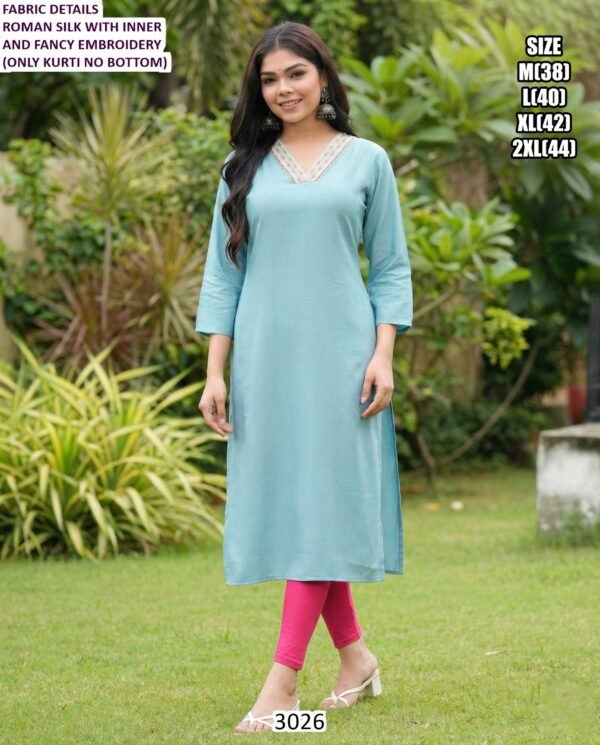 Women's Roman Silk Straight Cut Daily Wear Kurties With Embroidery Work
