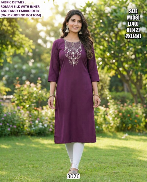 Women's Roman Silk Straight Cut Daily Wear Kurties With Embroidery Work
