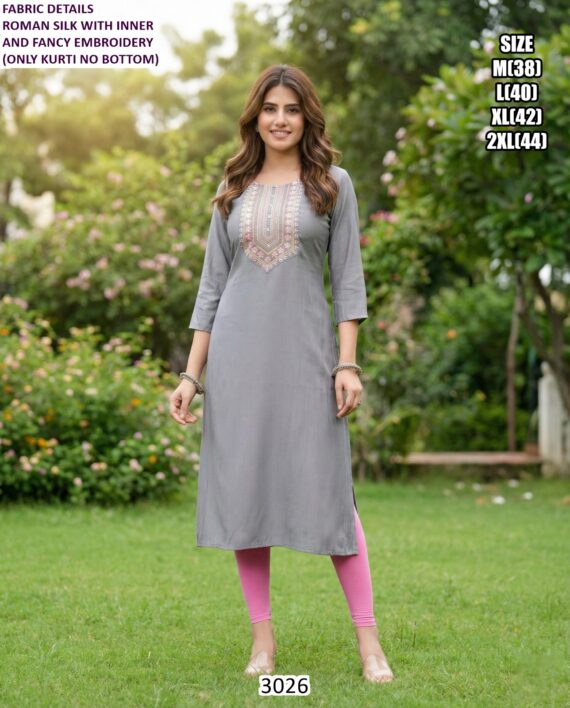 Women's Roman Silk Straight Cut Daily Wear Kurties With Embroidery Work