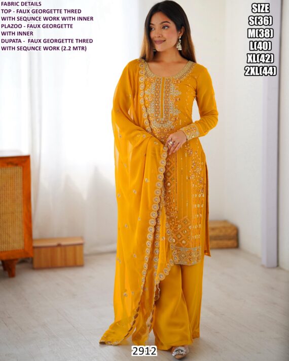 Impressive Thread With Sequence Work Party Wear Faux Georgette Plazo Suit Sets