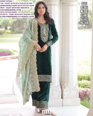 Presenting Velvet Zari Sequence Embroidered Straight Kurta Pant Set With Fendy Dupatta