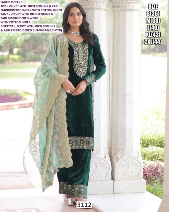 Presenting Velvet Zari Sequence Embroidered Straight Kurta Pant Set With Fendy Dupatta