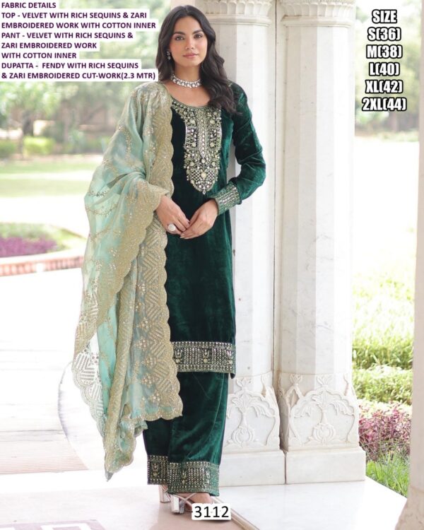 Presenting Velvet Zari Sequence Embroidered Straight Kurta Pant Set With Fendy Dupatta